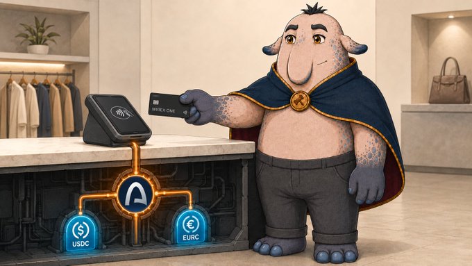 A 3D-rendered blue-skinned humanoid character wearing a cape, paying with a credit card at a modern POS terminal displaying the letter 'A' and connections to USDC and EURC.