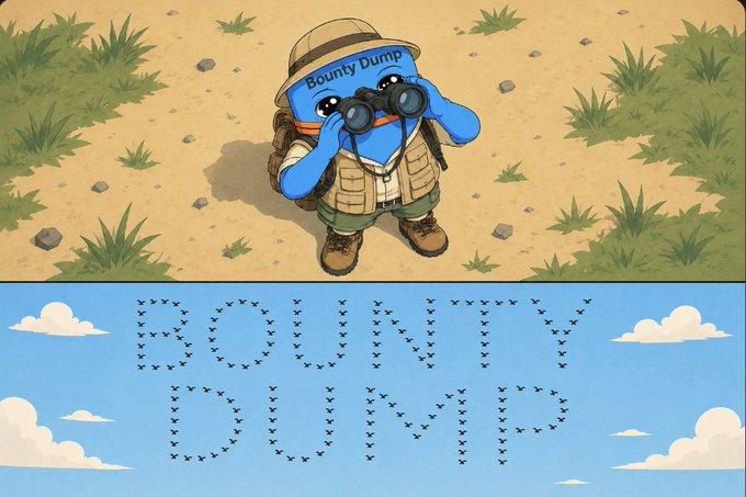 The image features a cartoon character dressed like a bird with a hat standing next to an illustration of a bird. There are several birds depicted both in the sky and on the ground around the main character's location. The title of the post reads "Bounty Dump", which is a phrase that starts with the letter 'D'. Below this, there are some words related to the concept of bounty dumping or treasure hunting being discussed.