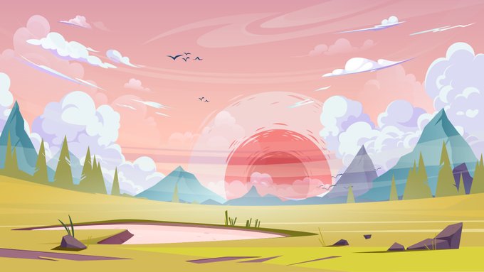A digital illustration of a landscape with a large pink sun setting over distant mountains, stylized clouds, and a small pond in the foreground.