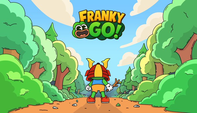 A colorful cartoon-style title screen for "Franky Go!" shows a character with a Viking-like helmet standing on a path between green trees.