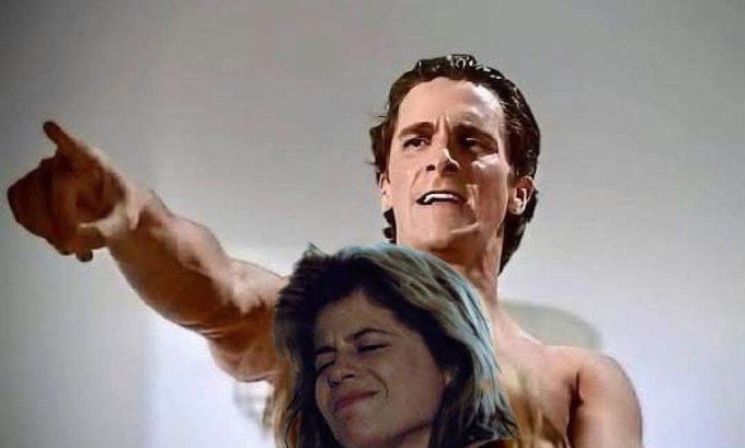 A cinematic still of a muscular man, resembling Arnold Schwarzenegger, pointing upwards with a distressed woman in front of him, set against a hazy, neutral background.
