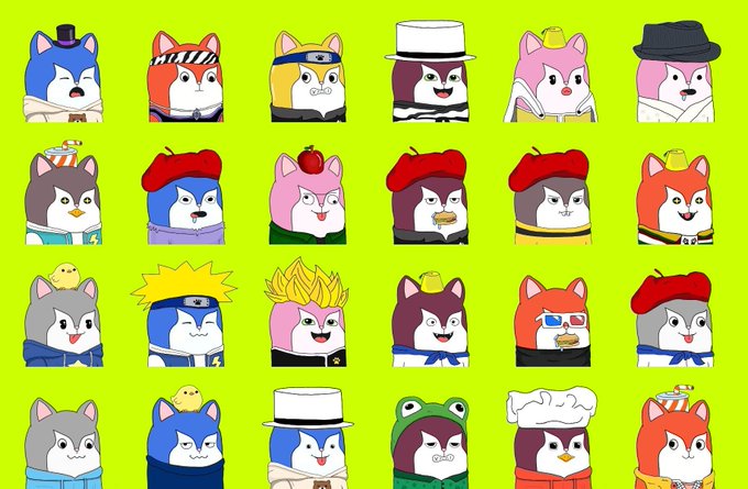 A grid of 24 cartoon-style cat characters with various hats and accessories on a yellow-green background, representing the "Citcats" NFT collection launching in two phases (WL and Public) with a 1:1 mint available to holders of Gremilin Cartel and Robinhood Dinos NFTs.