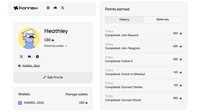 A Konneh wallet dashboard showing profile "Heatley" with 130 points, displaying a points history with entries like "Join Discord", "Join Telegram", "Follow X", and "Connect Email" worth various point amounts.