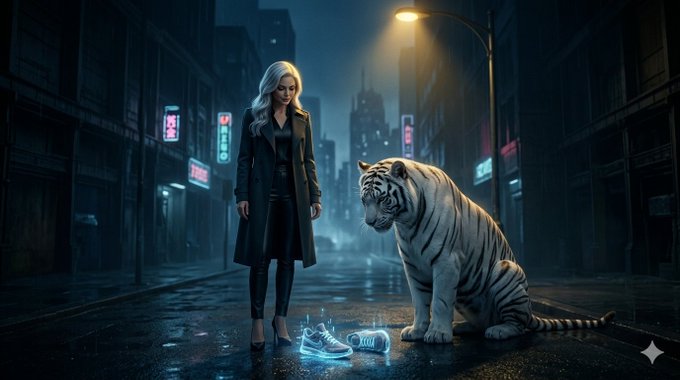 The image features a woman standing next to a tiger that has its paw on her shoe. The scene takes place in an urban setting with neon signs illuminating the area. There are also some neon signs visible in the background, adding to the overall atmosphere of the image.