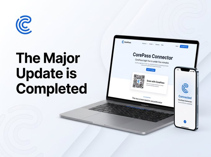 A promotional graphic stating 'The Major Update is Completed' for CorePass, showing a laptop and smartphone displaying the CorePass Connector login interface.