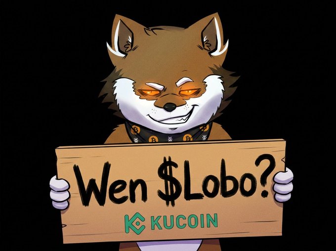 A cartoon Shiba Inu mascot holding a cardboard sign reading 'Wen $Lobo?' with the KuCoin logo beneath it.