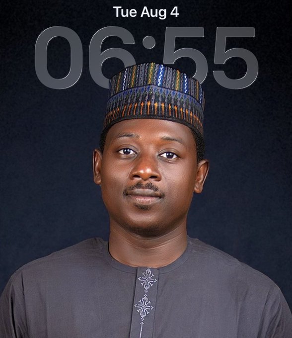 A portrait of a young man wearing a colorful patterned cap and traditional attire is displayed with "Tue Aug 4" and "06:55" overlaid at the top, likely set as a phone lock screen. The image accompanies a cheerful "GM CT" (good morning crypto Twitter) message celebrating Telegram's return to the App Store, using the morning timestamp and fresh portrait to match the upbeat greeting.