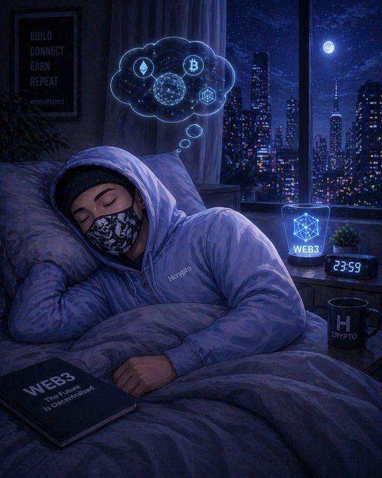 A digital illustration of a person sleeping in a hoodie and face mask, dreaming of a cloud containing cryptocurrency symbols, with a 'WEB3' book, mug, and clock on a nightstand.