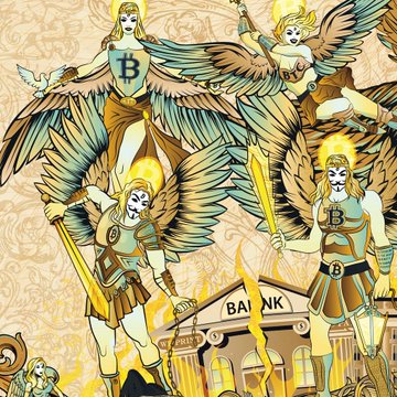 A stylized illustration depicts winged angel warriors in golden armor bearing the Bitcoin 'B' logo, wielding swords above a burning 'BANK' building, symbolizing a crypto uprising.