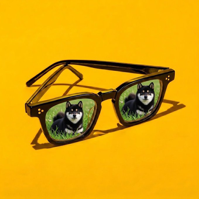 The image features a pair of black glasses with a photo of two dogs inside them, one black and one white. The glasses are placed against a yellow background, creating an interesting contrast between the dark frames and the bright color. The caption above the image reads "$MANYU Morning! As the golden light of a new morning touches the world, the Black Shib awakens in the velvet shadows - timeless, rare, and unstoppable. A new dawn." This phrase is related to the dogs inside the glasses, as they are often associated with loyalty and companionship. The image seems to be promoting the idea that these two dogs can bring joy and a sense of protection to their owners, just like the Black Shib in the post.
