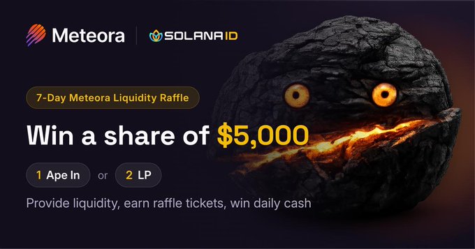 A promotional banner for Meteora and Solana ID announcing a "7-Day Meteora Liquidity Raffle" where users can "Win a share of $5,000" by providing liquidity.