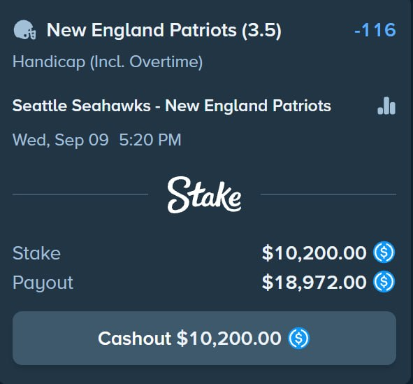 A Stake betting slip showing a $10,200 wager on the New England Patriots (-3.5) against the Seattle Seahawks for Wednesday, September 9th, with a potential payout of $18,972 and a cashout option of $10,200, illustrating the promotional NFL giveaway described in the accompanying tweet.