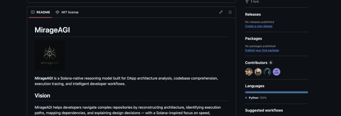 A GitHub repository page displays "MirageAGI," described as a Solana-native reasoning model for DApp architecture analysis and codebase comprehension, written in Python with 8 contributors. The image corresponds to the social media post highlighting the project's ties to teams like JITO, HELIUS, and ELIZA, and referencing Mert's involvement in the agentic Solana technology.