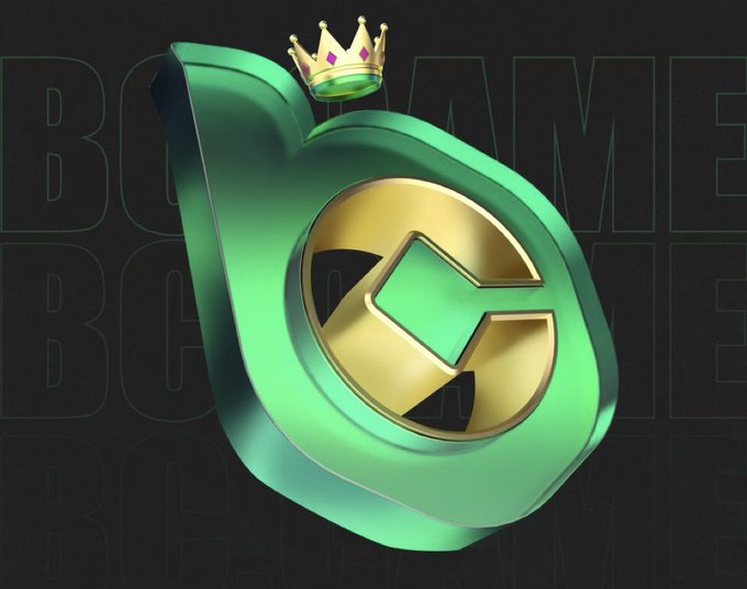 The image features a green 3D logo with a gold crown at its center. The logo is designed as an oval shape with a square cutout in the middle, giving it a unique appearance. The background of the image is black, which contrasts with the vibrant colors and shapes of the logo. The text "BCGAME" can be seen on the image, indicating that this design may be related to a gaming company or event.