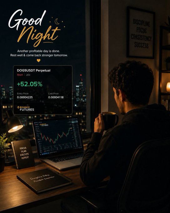 A man sips coffee at his candlelit desk overlooking a city skyline, with his laptop showing trading charts and an overlay reading "Good Night — DOGSUSDT Perpetual +52.05%, Short 20x." The text "Discipline, Focus, Consistency, Success" frames the wall behind him, mirroring the post's message of ending a profitable trading day to rest and reset.