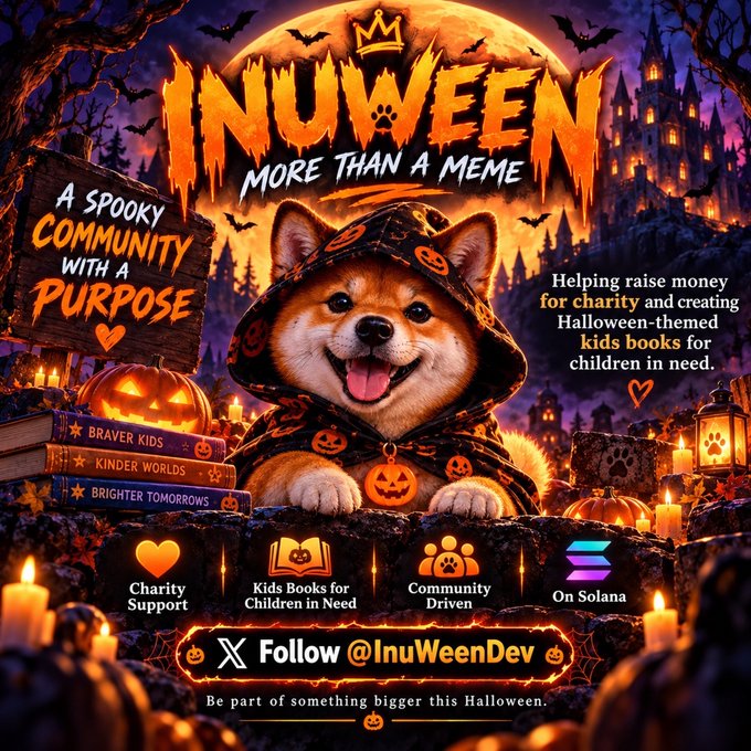 The promotional graphic features a Shiba Inu dressed in a Halloween pumpkin-patterned hooded cloak against a haunted castle backdrop with the bold title "INUWEEN - MORE THAN A MEME." The image highlights the project's charitable mission of creating Halloween-themed kids' books for children in need and supporting children's charities, with calls to follow @InuWeenDev on X.