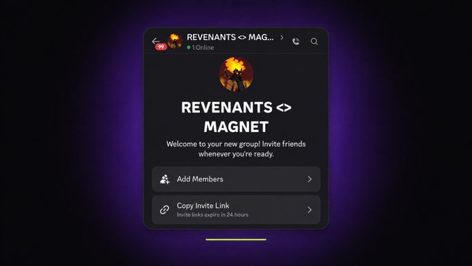 A mobile app interface screenshot showing a group creation page titled 'REVENANTS <> MAGNET' with options to 'Add Members' and 'Copy Invite Link' on a purple background.