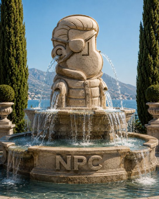 An ornate stone fountain carved in a whimsical cartoon-character style with water flowing from its eyes and body into a basin labeled 'NPC', set against a Mediterranean coastal backdrop with cypress trees.