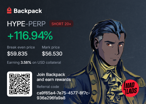 A Backpack exchange promotional graphic showing HYPE-PERP SHORT at +116.94%, with a break even price of $59.835, mark price of $56.530, earning 3.58% APY, and a QR code for referral code ca9f65a4-7e75-4577-8f7c-936a296fa9a8, featuring an anime character and a "MAD LADS" badge.