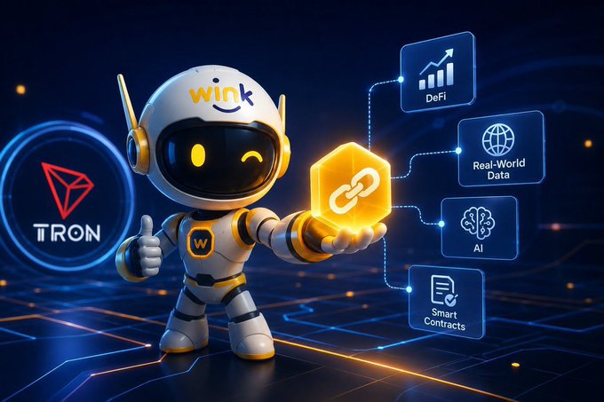 Promotional graphic for a partnership between WinK and TRON, featuring a robot mascot alongside icons for DeFi, Real-World Data, AI, and Smart Contracts.