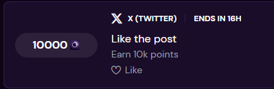 A dark-themed social media task card showing 'X (TWITTER) | ENDS IN 16H' with a reward of '10000' points for completing 'Like the post' to 'Earn 10k points'.