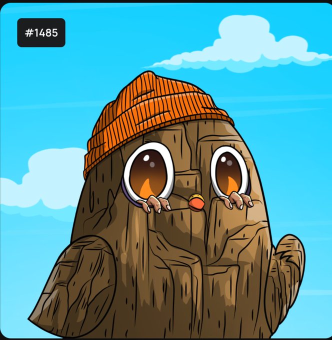 A cartoonish, kawaii-style tree stump character with big expressive eyes and an orange beanie appears under the label "#1485," whimsically embodying the "Puffalicous" charm referenced in the playful #Algorand post.