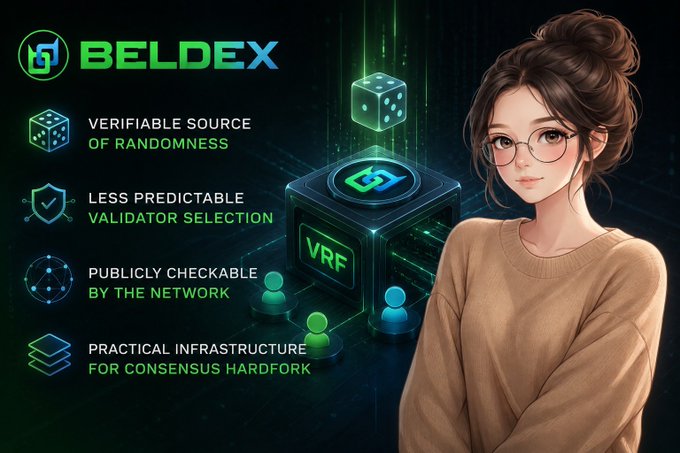 Promotional graphic for Beldex featuring an anime-style woman with glasses, a VRF dice cube, and bullet points: 'Verifiable Source of Randomness,' 'Less Predictable Validator Selection,' 'Publicly Checkable By the Network,' and 'Practical Infrastructure for Consensus Hardfork.'
