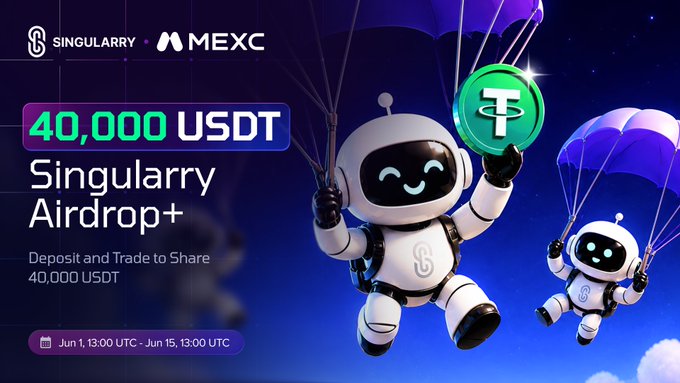 The image features two robot figures holding parachutes against a dark blue sky with clouds. The text at the bottom of the image reads "Less than 1 hour to go. $SINGULARRY officially begins trading on MEXC in under 60 minutes. To celebrate, we're launching a 40,000 USDT Airdrop+ campaign for the community".