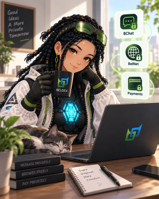 An anime-style illustration of a woman with braided hair and a glowing chest piece at a desk with a laptop, surrounded by 'BELDEX' branding for 'BChat', 'BelNet', and 'Payments', with text noting 'MESSAGE PRIVATELY', 'BROWSE FREELY', and 'PAY PRIVATELY'.