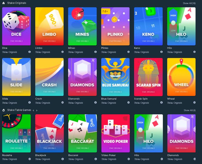 The image displays a selection of Stake Originals casino games, including Dice, Limbo, Mines, Plinko, Keno, Hilo, Slide, Crash, Diamonds, Blue Samurai, Scarab Spin, Wheel, Roulette, Blackjack, Baccarat, Video Poker, and Hilo. This aligns with the post's discussion about which Stake Originals game is the most profitable with the highest RTP, as the user mentions Blackjack as their top pick.