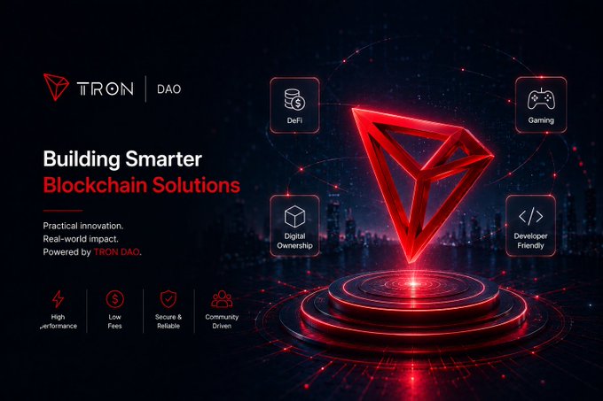 A promotional banner for 'TRON DAO' titled 'Building Smarter Blockchain Solutions,' featuring the red glowing TRON logo, icons for DeFi, Gaming, Digital Ownership, and Developer Friendly, with highlights on High Performance, Low Fees, Secure & Reliable, and Community Driven.
