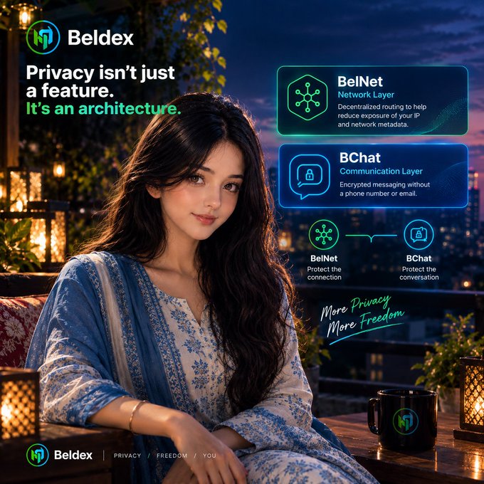 A promotional advertisement for 'Beldex' displays a young woman in blue patterned clothing with text reading 'Privacy isn't just a feature. It's an architecture.' and highlights 'BelNet' and 'BChat' services.