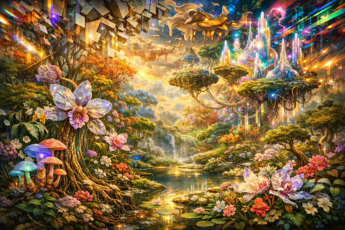 The image features a painting of a fairy tale-like scene with a castle surrounded by trees, flowers, and mushrooms. The colors used are predominantly pink, blue, green, and yellow, creating a vibrant and whimsical atmosphere. The artist who created this piece is Corina Obertas, and the post was shared on @objktcom.