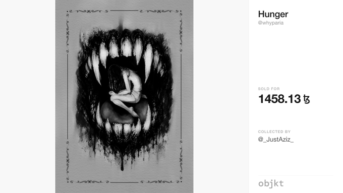 objkt NFT marketplace listing for artwork titled 'Hunger' by @whypparia, showing a black-and-white illustration of a figure curled inside a large mouth, sold for 1458.13 tez.