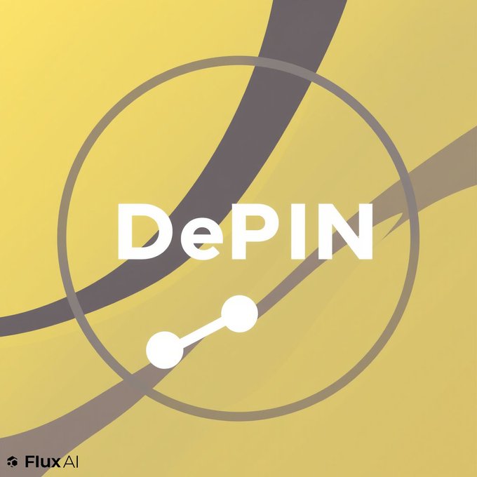 The image displays "DePIN" text inside a network diagram with interconnected nodes and lines, visually representing decentralized physical infrastructure networks. It illustrates the post's explanation of contributing to a DePIN network by showing the connected, node-based structure that participants help build and maintain.