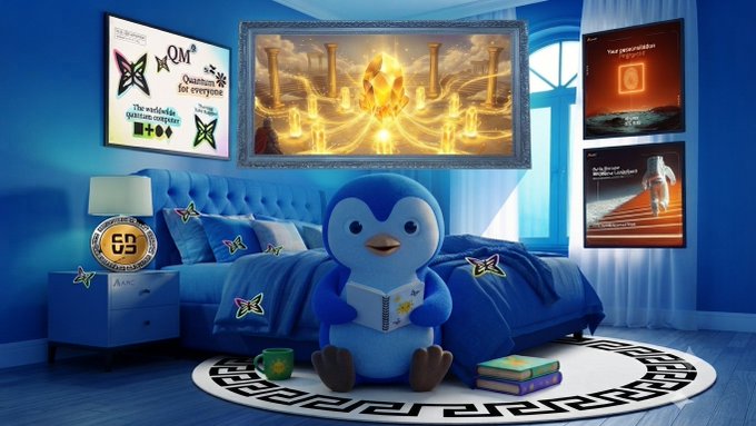 A blue-themed bedroom with a penguin plush toy reading a book, decorated with quantum computing-themed posters and stickers on the walls.