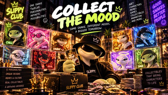 A promotional graphic for 'Slippy Club' NFT collection featuring various cartoon snake characters with mood labels like 'CHILL', 'CUTE', and 'KING', with text reading 'COLLECT THE MOOD'.