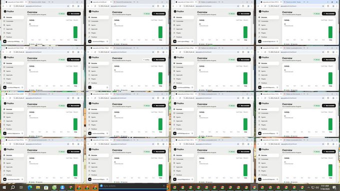 A computer screen displaying a 4x4 grid of nearly identical web browser windows showing an 'Overview' dashboard with a small green chart.