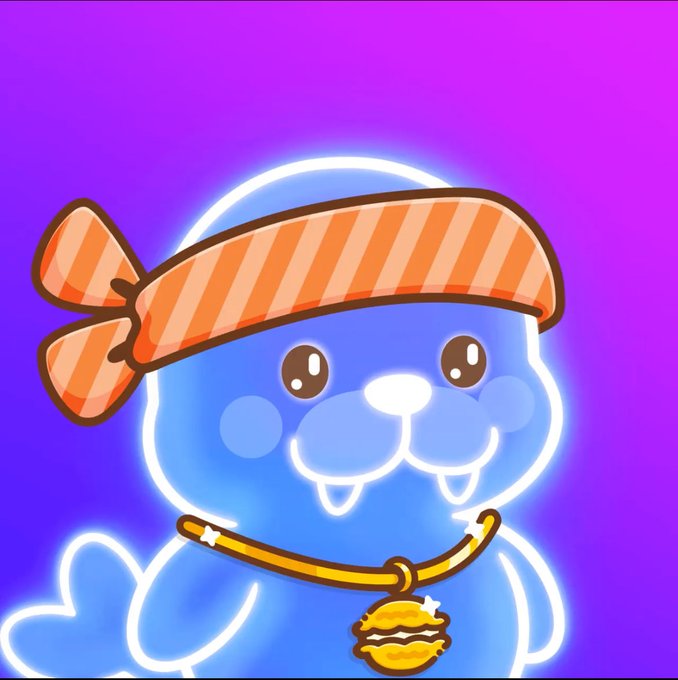 A cute blue cartoon seal character wearing an orange striped bandana and a gold collar with a cheeseburger-shaped bell pendant, set against a vibrant purple-to-pink gradient background. The image relates to the post as it likely serves as artwork or branding for the "Macarune" NFT mint mentioned, where the seal mascot represents the "Wagyubrands" collection.