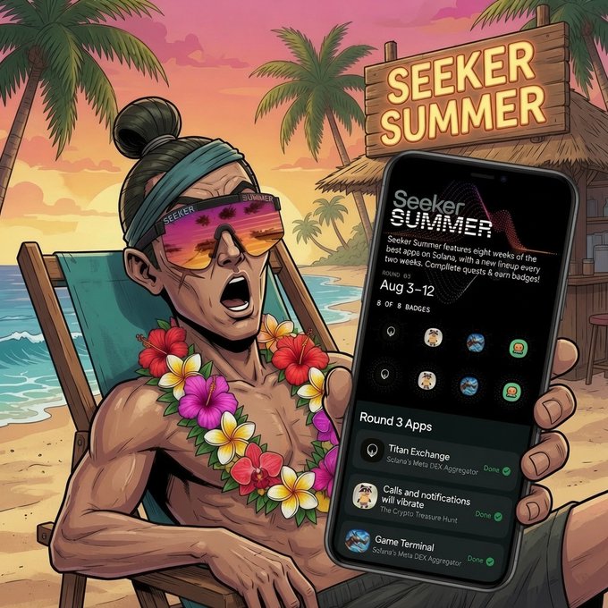 A cartoon illustration of a muscular man with sunglasses and a flower lei sitting on a beach chair, holding up a phone displaying the 'Seeker Summer' app showing 8 of 8 badges completed with Round 3 Apps listed including 'Titan Exchange', 'Calls and notifications will vibrate', and 'Game Terminal'.