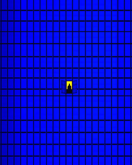 A surreal composition of a vast grid of blue windows with a single open window in the center revealing a silhouetted figure against a bright yellow background.