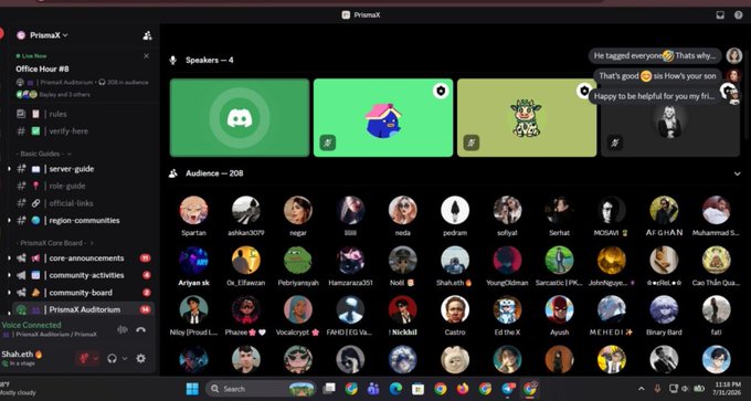 Screenshot of a Discord server called 'Prismax' showing voice channels with speakers and an audience of 208 members.