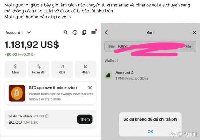 A MetaMask wallet showing an account balance of 1,181.92 US$ alongside a failed transaction screen displaying "Số dư không đủ để chi trả phí" (Insufficient balance to pay fees), with text in Vietnamese asking how to transfer from MetaMask to Binance, illustrating a common scam tactic where fraudsters request network fee payments while revealing their 12-word seed phrase.