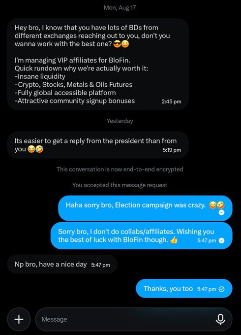A screenshot of an iMessage conversation where "BioFin" reaches out offering a VIP affiliate partnership promoting crypto, stocks, and oils futures trading, but the recipient declines, stating "Sorry bro, I don't do collabs/affiliates." This illustrates the user's stated policy of rejecting all exchange sponsorship offers and paid promotions, reinforcing their belief that good products should grow organically without paid advertising.