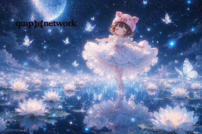 A girl in a pink pig hat dances on a glowing lake filled with luminous lotus flowers under a starry night sky, surrounded by fluttering butterflies. The "quipnetwork" logo appears in the upper left, visually representing the dreamy, forward-looking atmosphere of the post's discussion of @quipnetwork's quantum computing infrastructure.