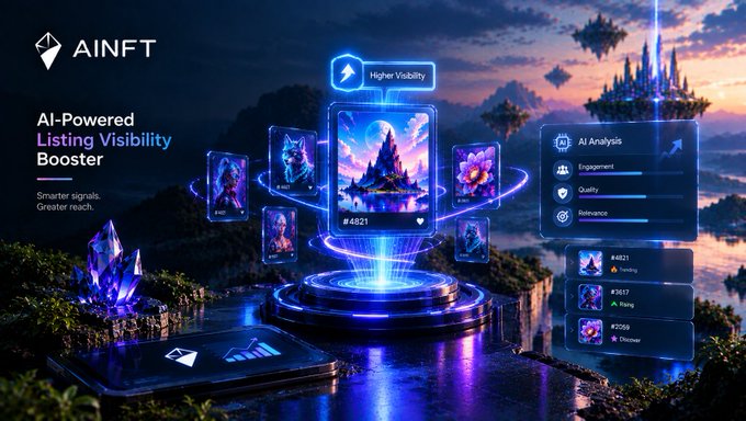 A promotional graphic for AINFT featuring an 'AI-Powered Listing Visibility Booster' with text 'Smarter signals. Greater reach.' The image displays fantasy-themed digital artwork including a floating castle and crystal formations, alongside an AI Analysis panel showing metrics for Engagement, Quality, and Relevance with sample NFT listings (#4821 Beauty, #3617 Rising, #2589 Discover).