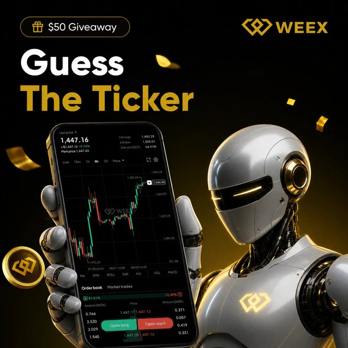 A futuristic silver robot holds a smartphone displaying a stock chart with a last price of 1,447.16 for ticker "WEE," promoting the "Guess The Ticker $50 Giveaway" where five lucky participants will share a prize pool after following @WEEX_Official and @WEEX_Vietnam, tagging friends, retweeting, and commenting with their UID.