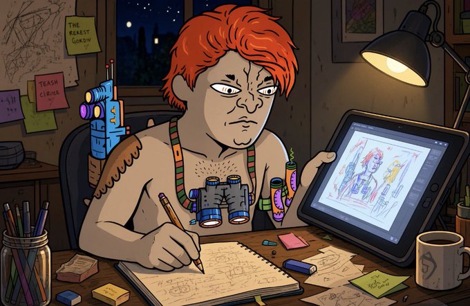 An illustrated scene of a red-haired character with binoculars and a ray gun strapped to their chest, drawing character designs at a cluttered desk while viewing a tablet.