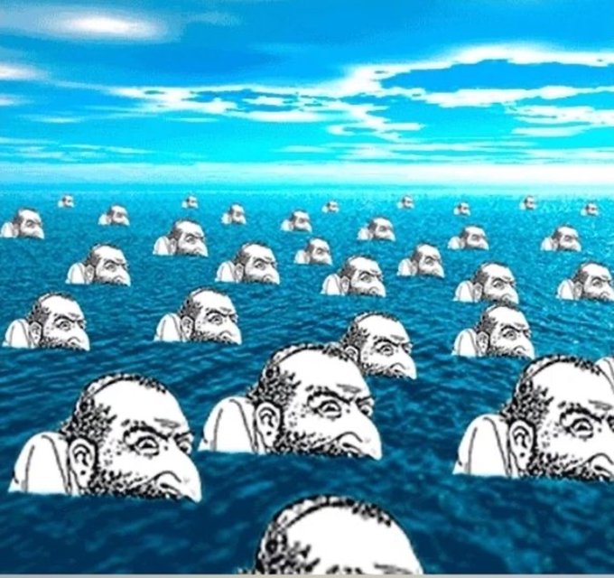 A surreal meme-style image depicts dozens of identical bald, bearded men's heads emerging from a vast blue ocean under a bright sky with scattered clouds.