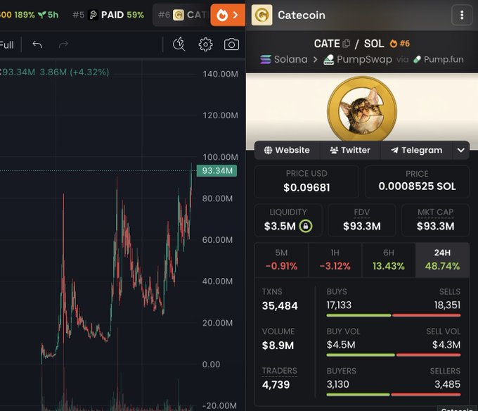 A DexScreener chart for Catecoin (CATE/SOL) shows the token trading at $0.09681 with a $93.3M market cap, $3.5M liquidity, and a 48.74% gain in 24 hours. The post's comparison to early PEPE vibes is reflected in the chart's explosive upward momentum and rapidly growing retail-driven metrics like 35,484 transactions and 4,739 traders.